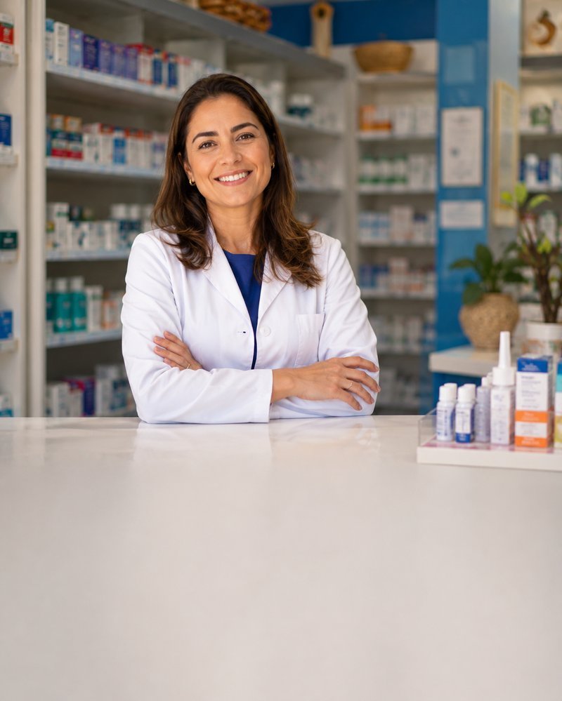 Farmacêutico entregando medicamento ao cliente no balcão