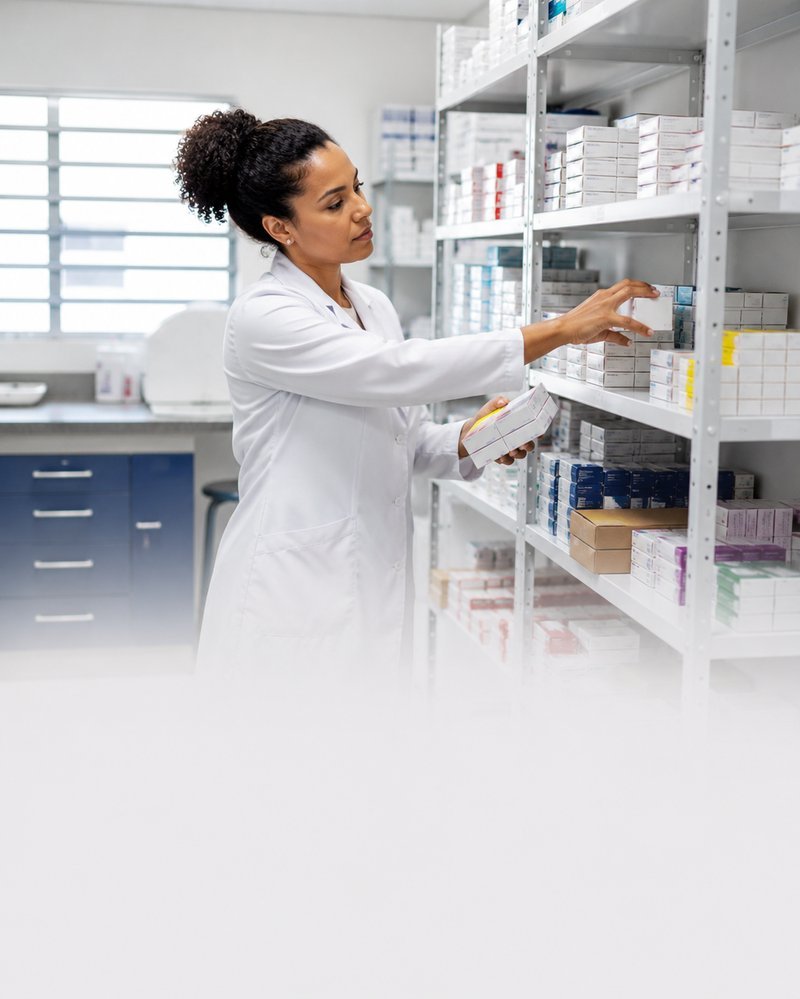 Profissional de saúde organizando estoque de medicamentos